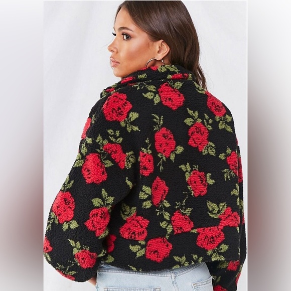 Forever 21 cropped teddy bear jacket roses S - Picture 3 of 7